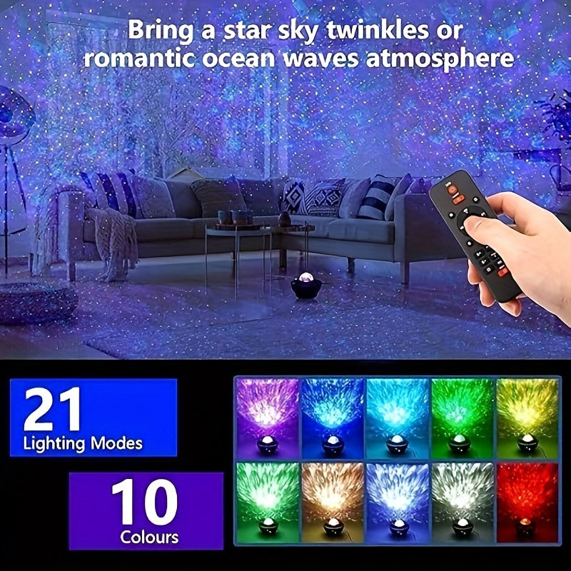 LED Sternen Projektor mit rot, grün, blauen und weißem Licht sowie Farbwechsel und Sound.