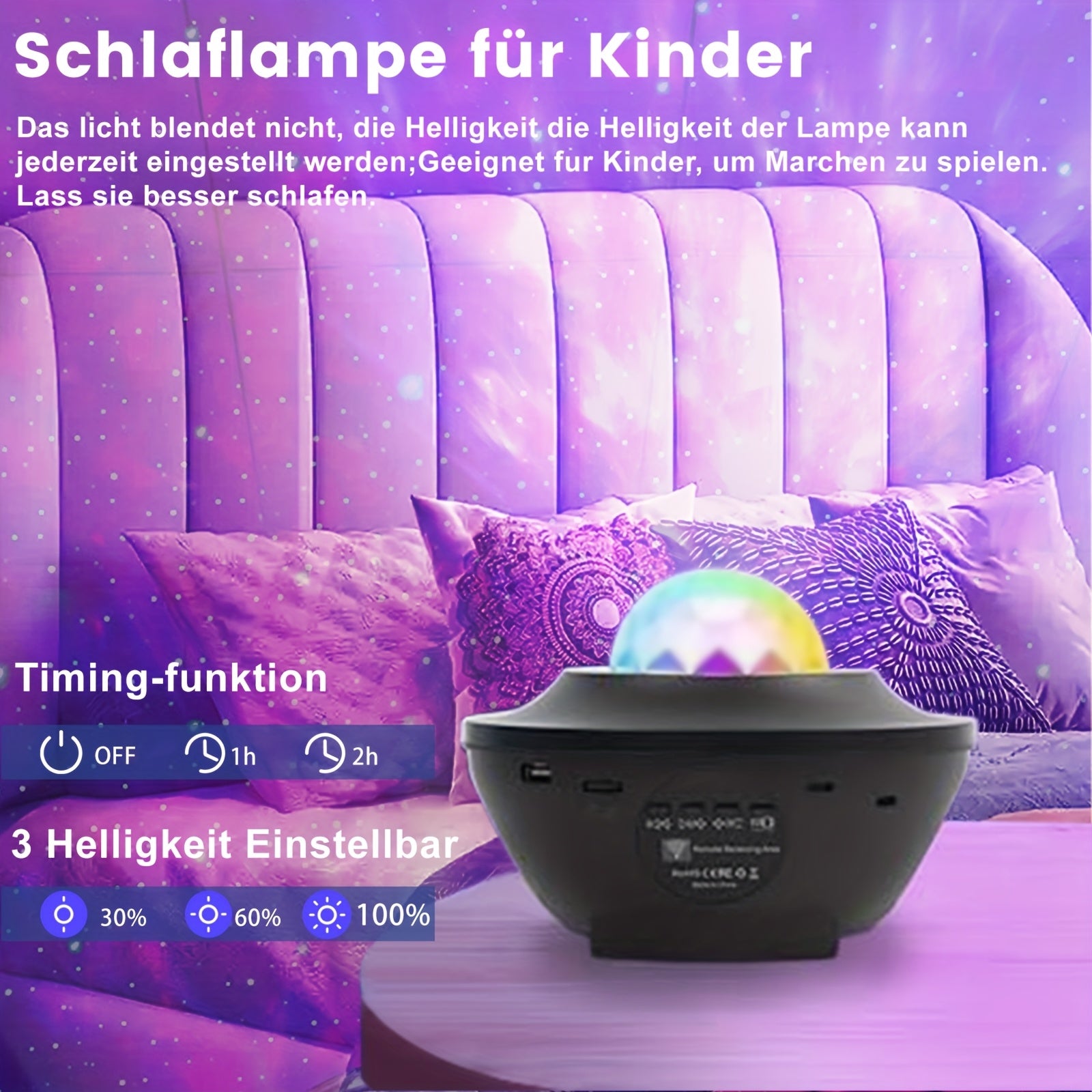LED Sternen Projektor mit rot, grün, blauen und weißem Licht sowie Farbwechsel und Sound.
