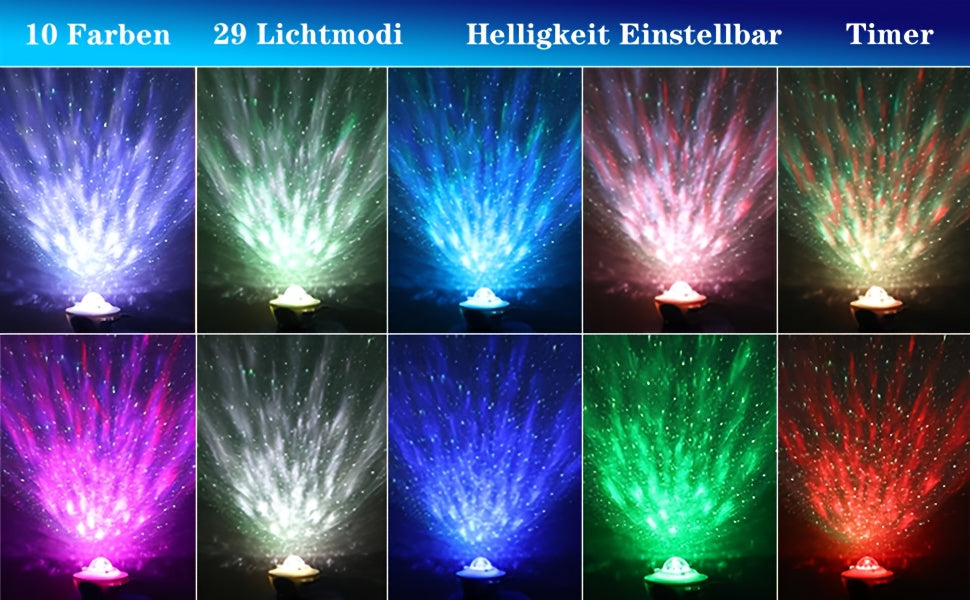 LED Sternen Projektor mit rot, grün, blauen und weißem Licht sowie Farbwechsel und Sound.